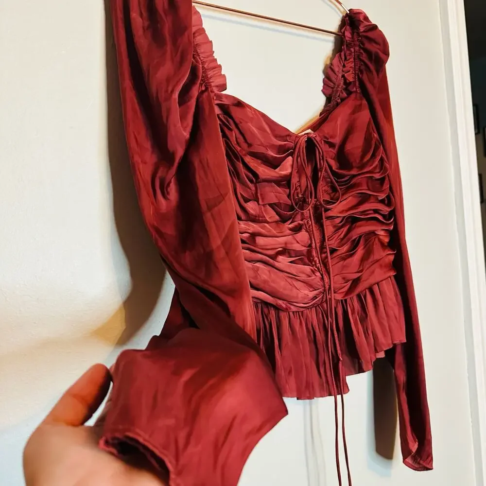ULLA JOHNSON Women's Red Satin Halter Neck Mirelle Peplum Puff Blouse Size 10